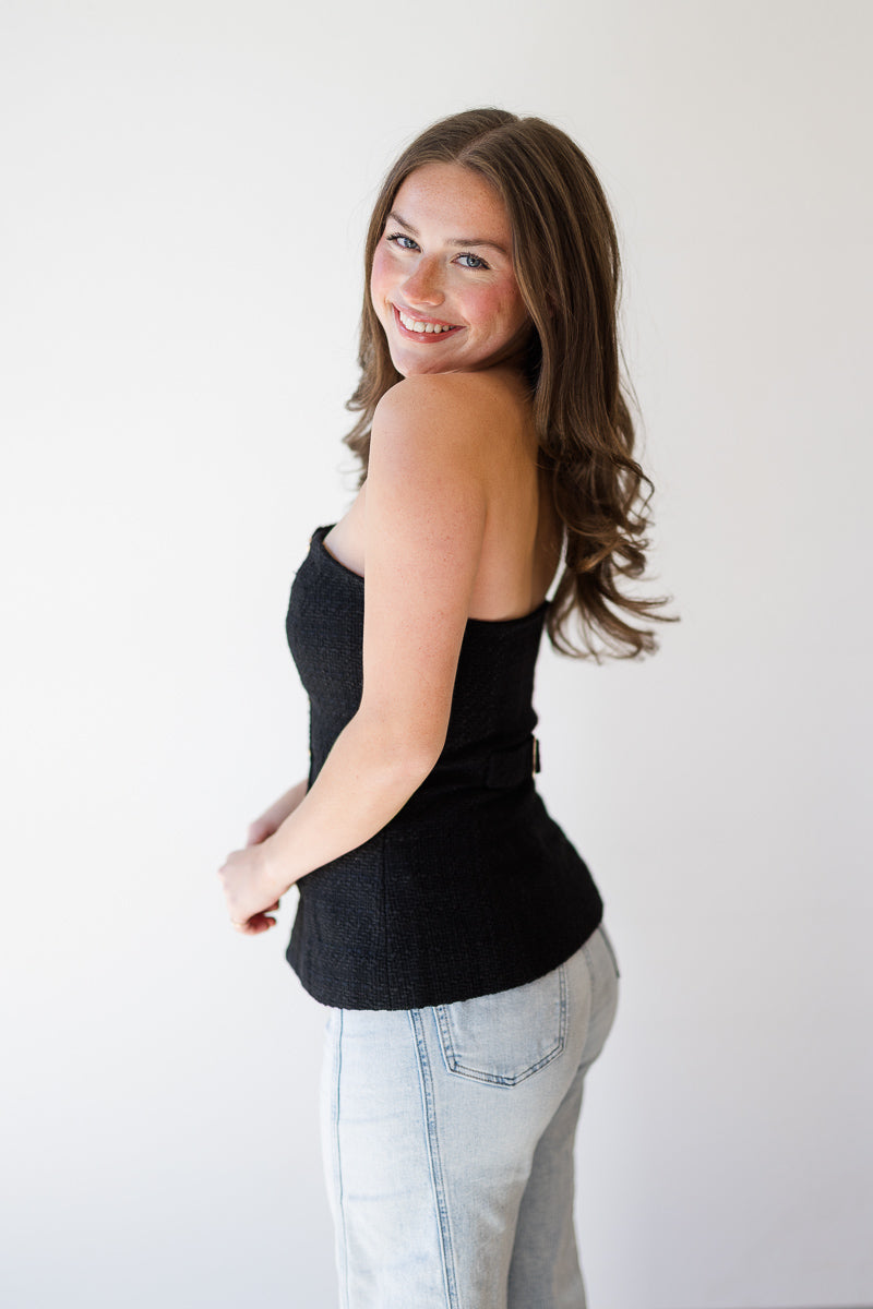 FINAL SALE Structured Tweed Strapless Top in Black