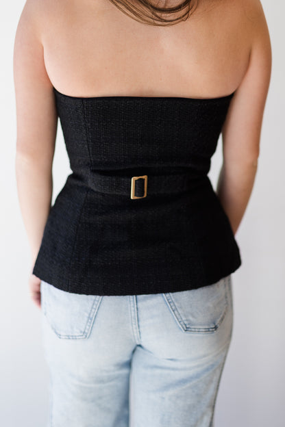 FINAL SALE Structured Tweed Strapless Top in Black