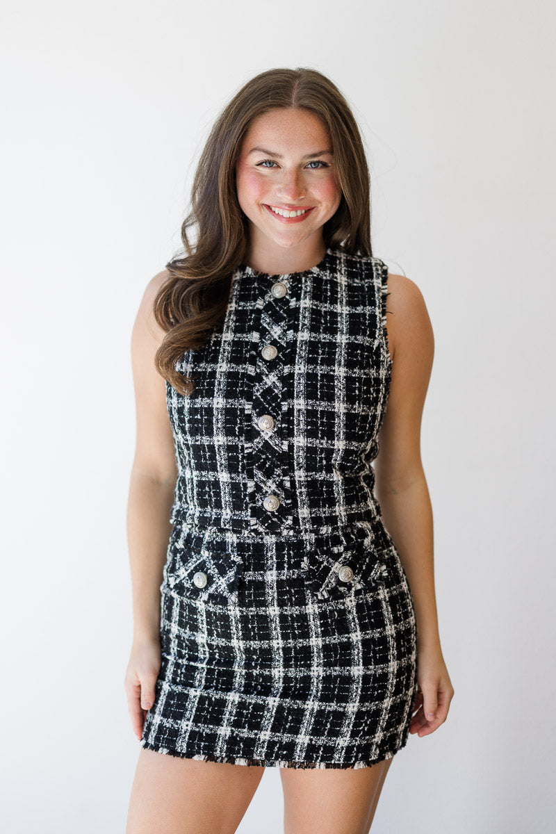 Black/White Tweed Sleeveless Top