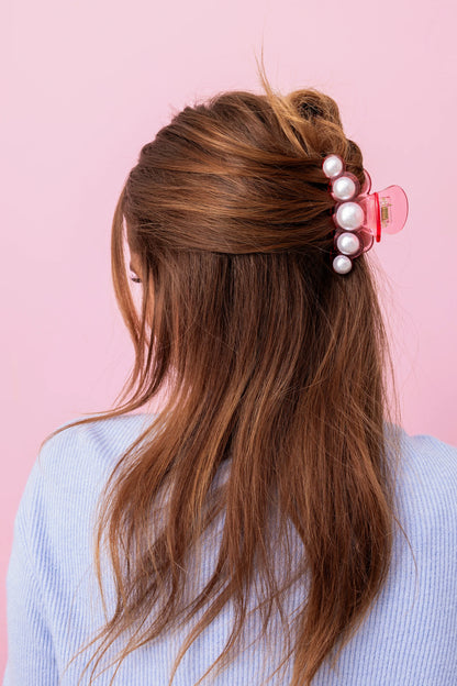 Translucent Pink with Pearl Beads Claw Hair Clip
