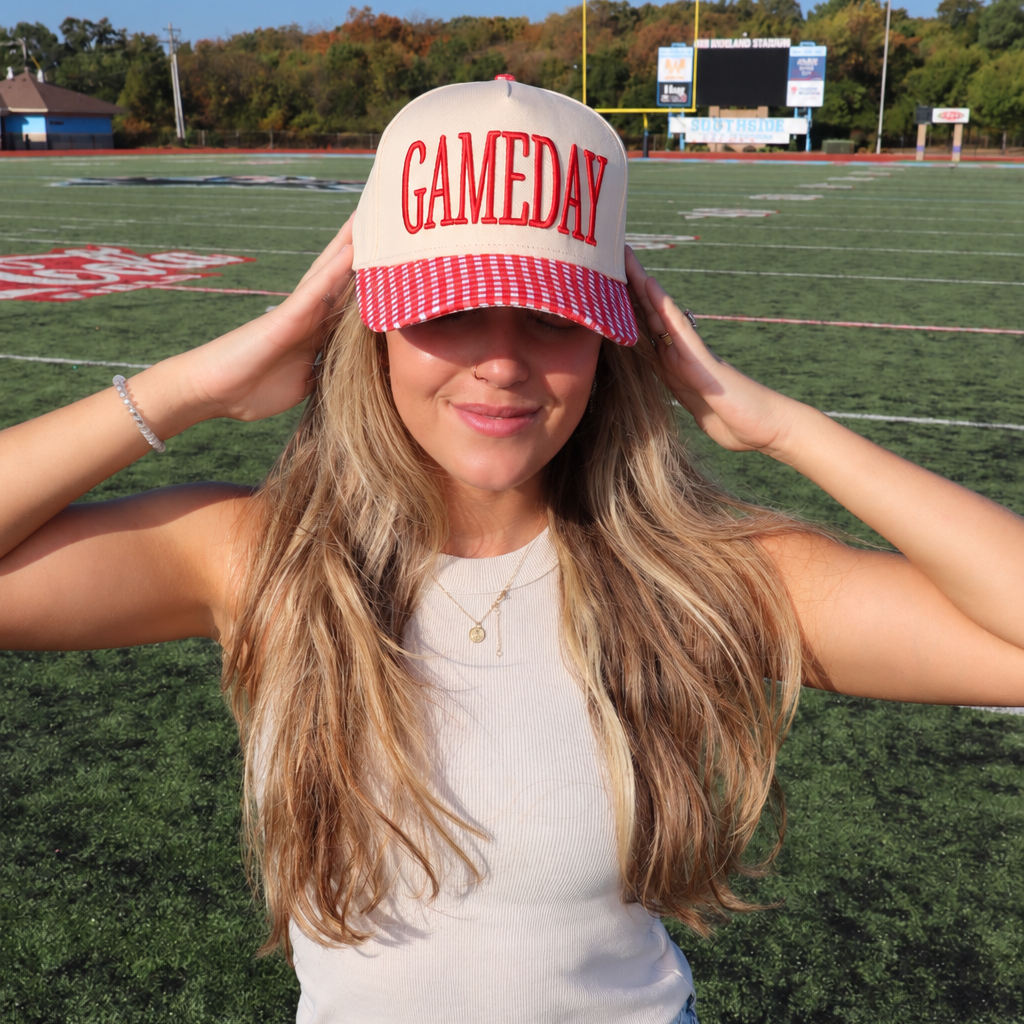 GAMEDAY 3D Embroidered Trucker Hat: Red Gingham