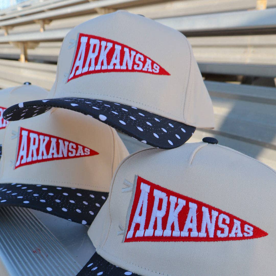 Arkansas Flag Embroidered Trucker Hat: Black Polka Dot/Red