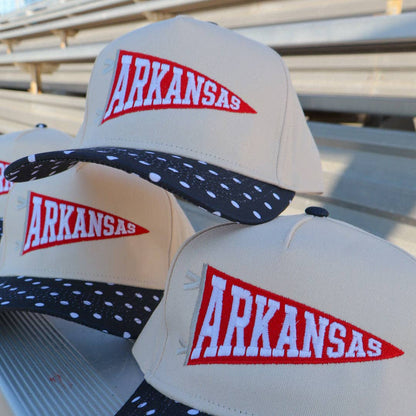 Arkansas Flag Embroidered Trucker Hat: Black Polka Dot/Red