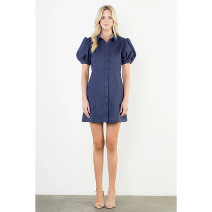 Puff Sleeve Button Up Suede Dress in Navy