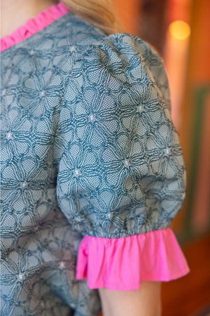 Contrast Ruffled Neck & Sleeve Floral Top