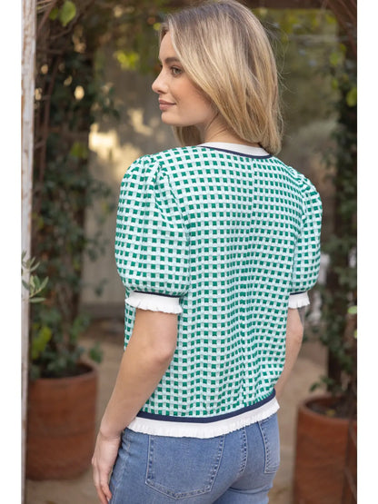 Puff Sleeve Striped Textured Plaid Knit Top