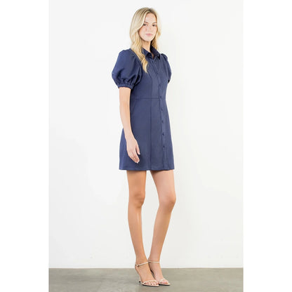 Puff Sleeve Button Up Suede Dress in Navy