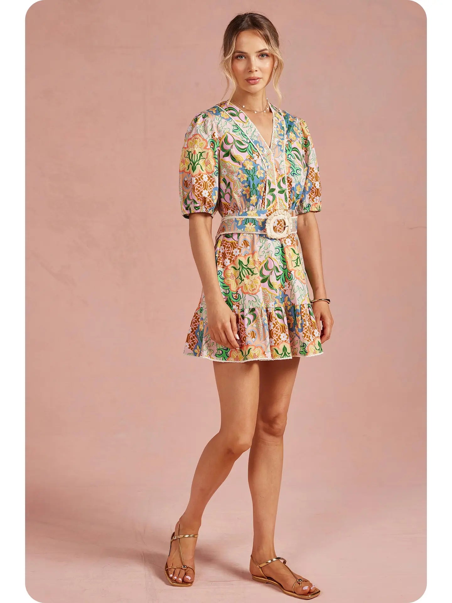 Garden Party Puff Sleeve Belted Cotton Mini Dress