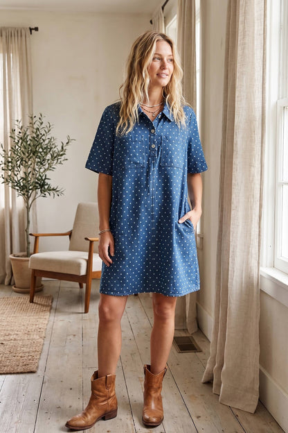 Polka Dot Denim Shirt Dress: BROWN