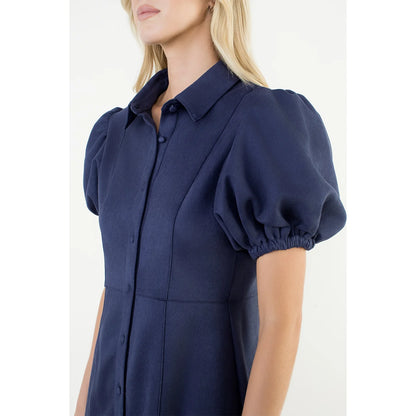 Puff Sleeve Button Up Suede Dress in Navy