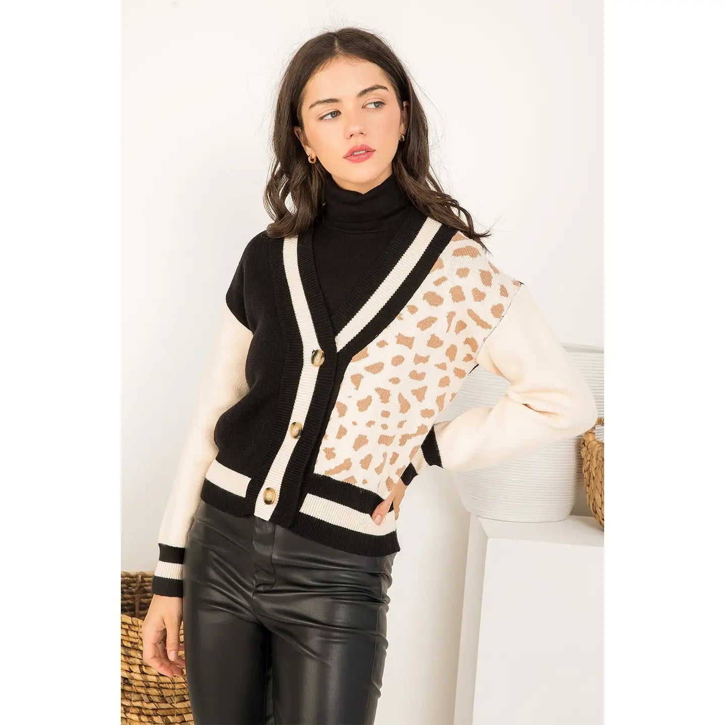 Leopard Knit Cardigan in Black