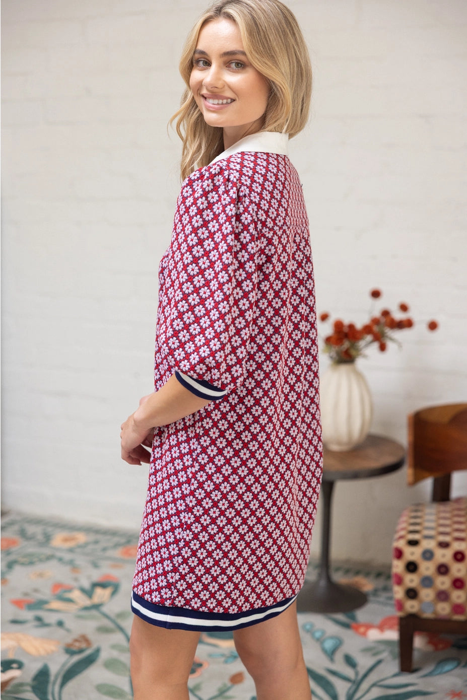 Poplin Contrast Collar Floral Knit Dress