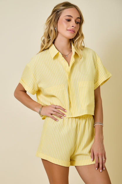 Striped Crop Button Down in Lemon
