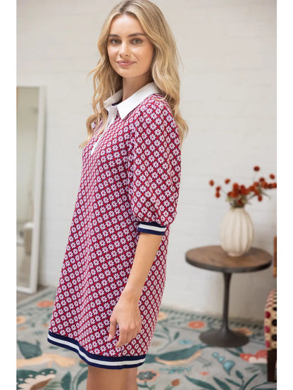 Poplin Contrast Collar Floral Knit Dress