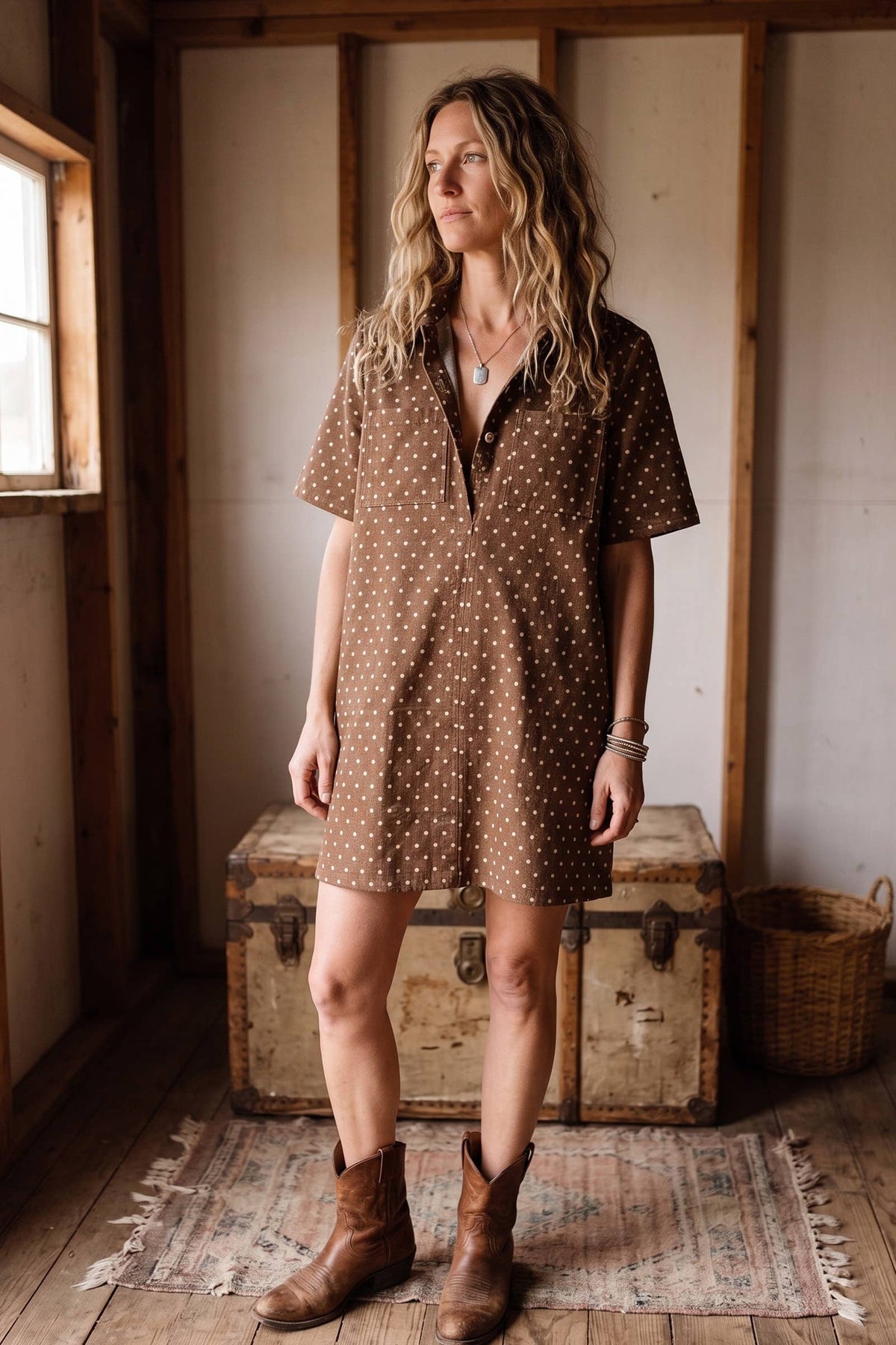Polka Dot Denim Shirt Dress: BROWN