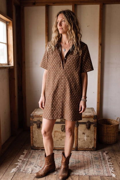 Polka Dot Denim Shirt Dress: BROWN