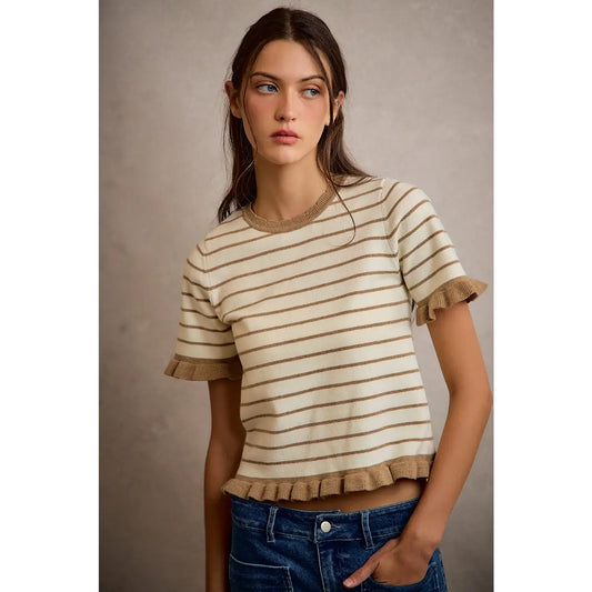 Mocha Striped Ruffle Sweater