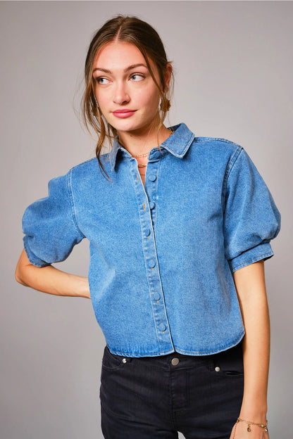 Puff Short Sleeve Button Down Denim Shirt
