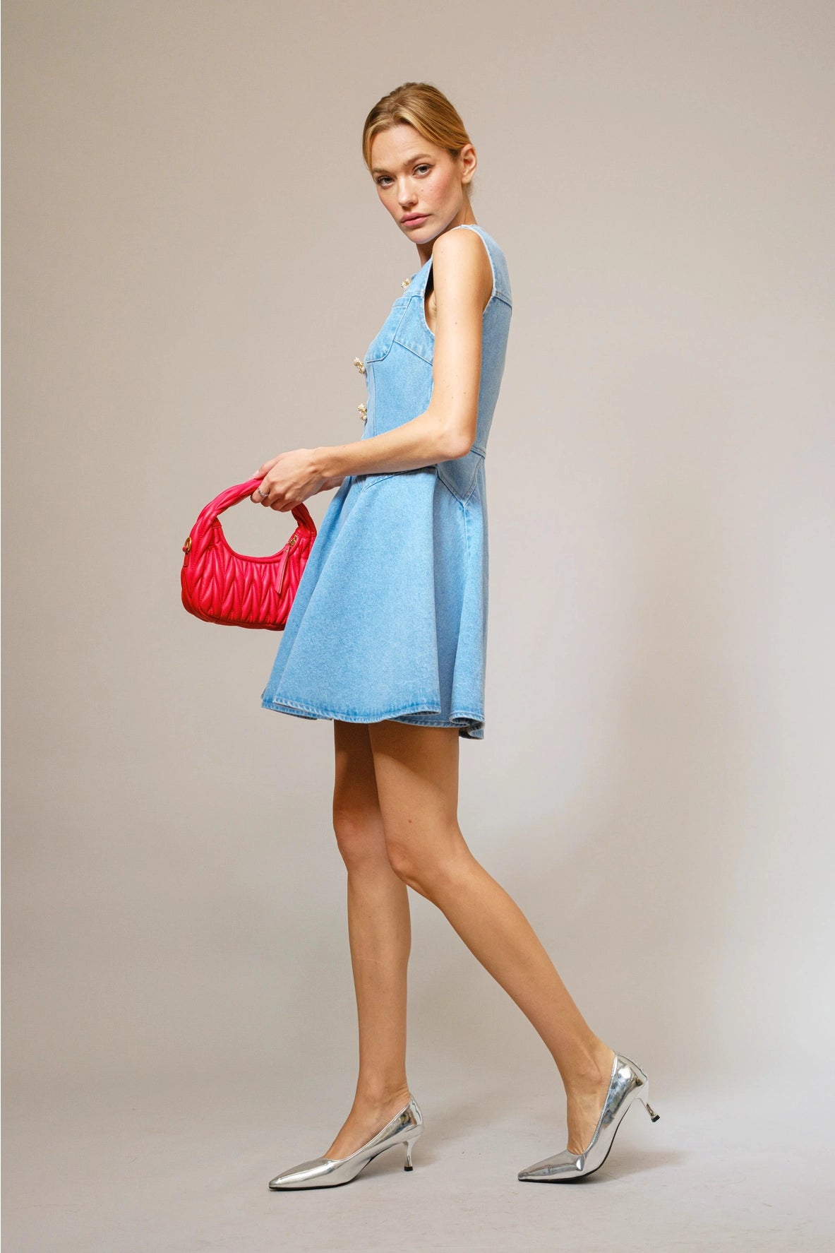 Jeweled Button Denim Dress