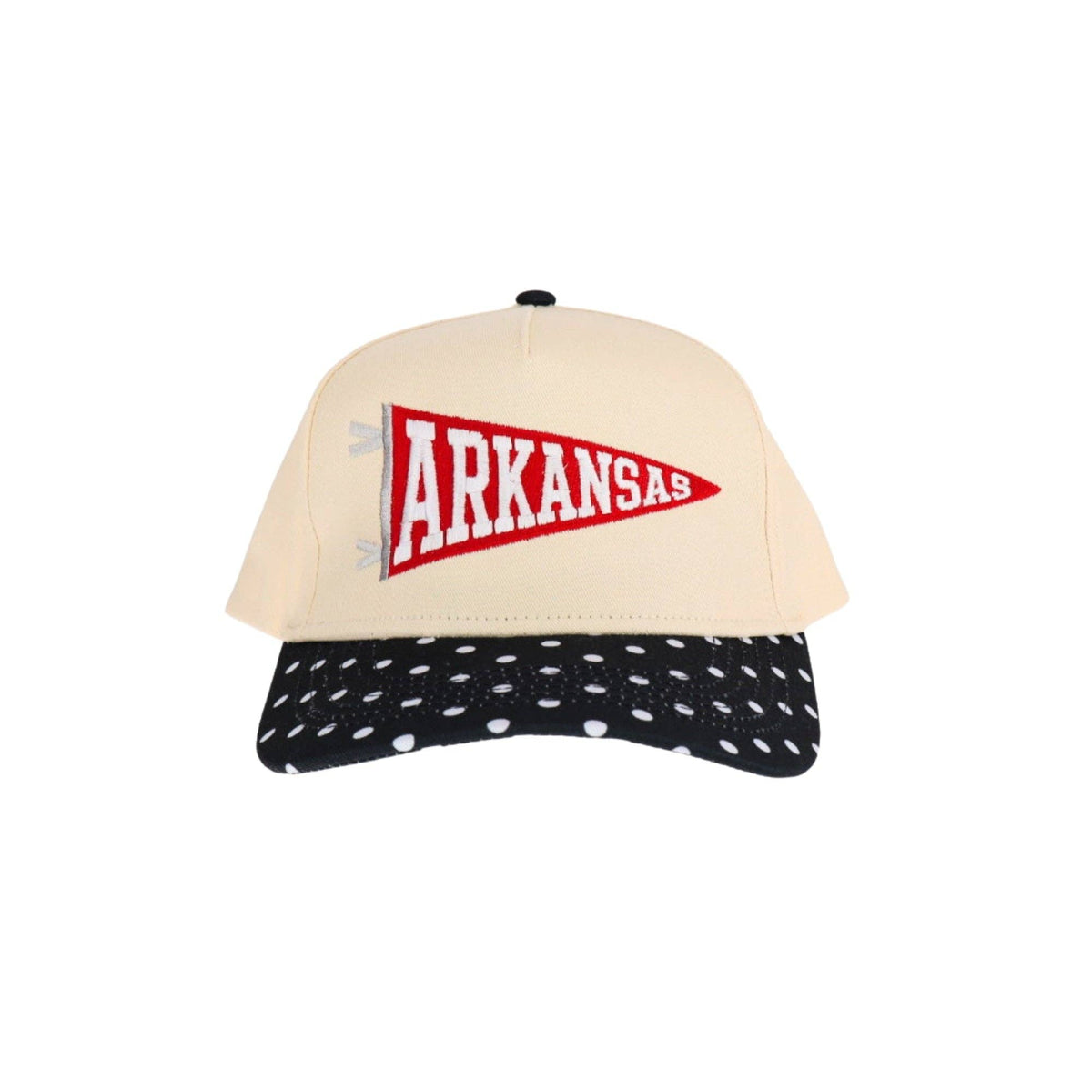 Arkansas Flag Embroidered Trucker Hat: Black Polka Dot/Red
