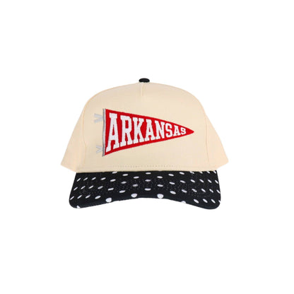 Arkansas Flag Embroidered Trucker Hat: Black Polka Dot/Red