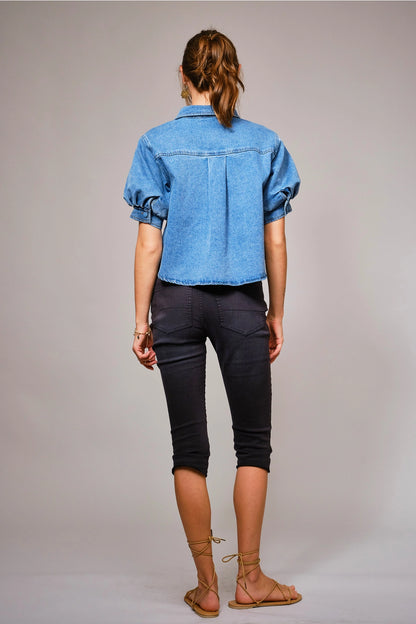 Puff Short Sleeve Button Down Denim Shirt