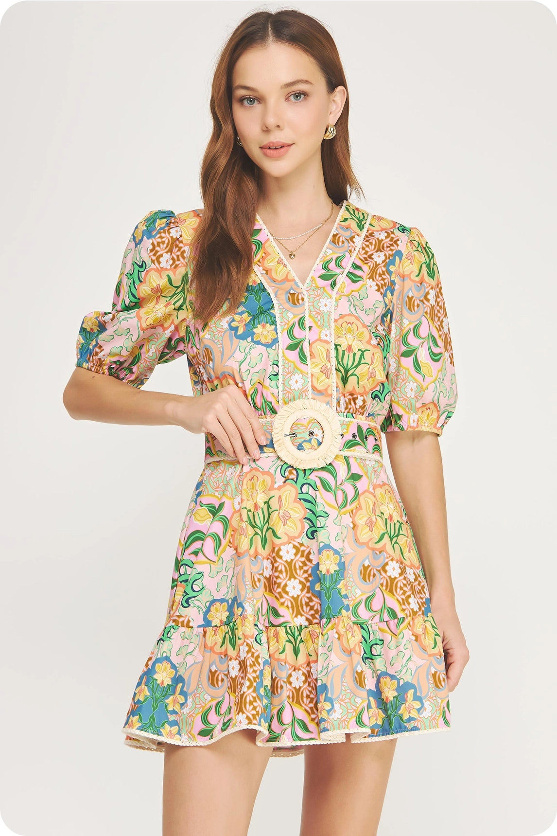 Garden Party Puff Sleeve Belted Cotton Mini Dress
