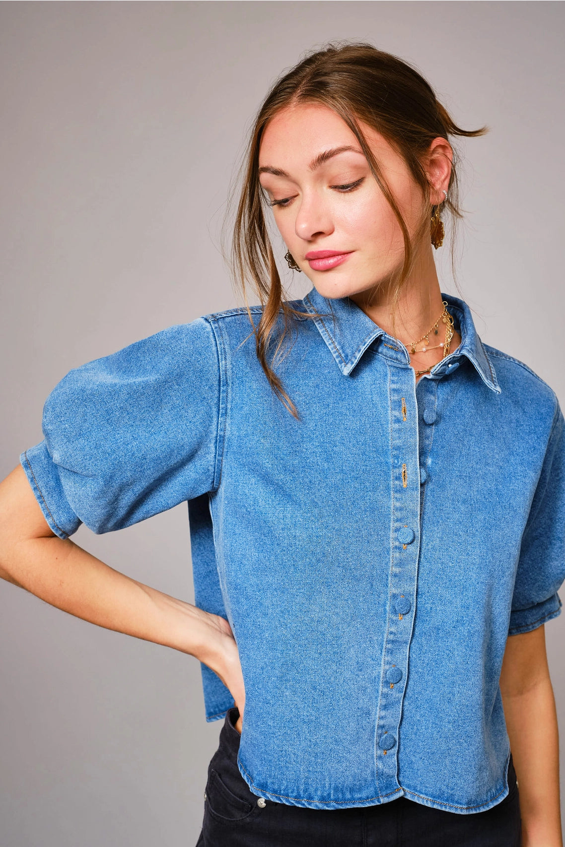 Puff Short Sleeve Button Down Denim Shirt