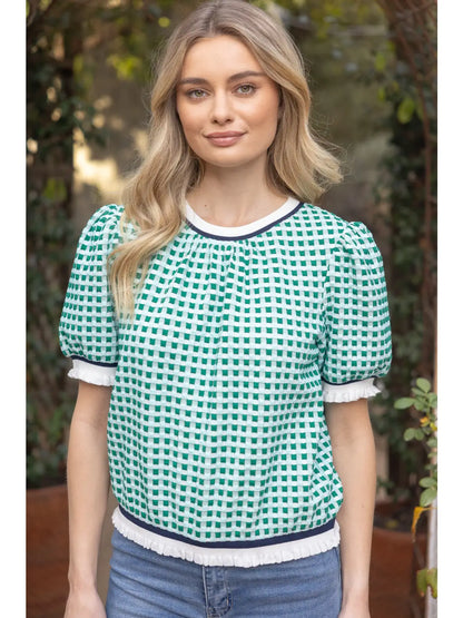 Puff Sleeve Striped Textured Plaid Knit Top