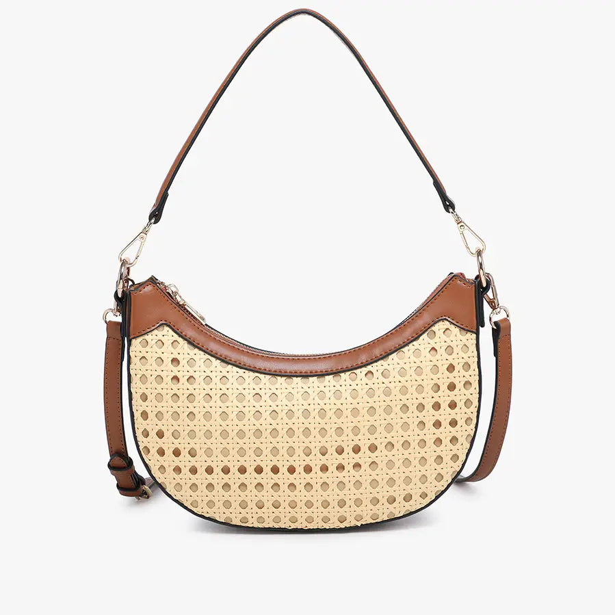 Daisy Half-Moon Rattan Crossbody in Brown