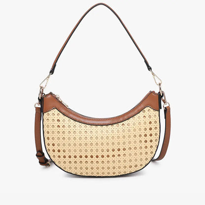 Daisy Half-Moon Rattan Crossbody in Brown