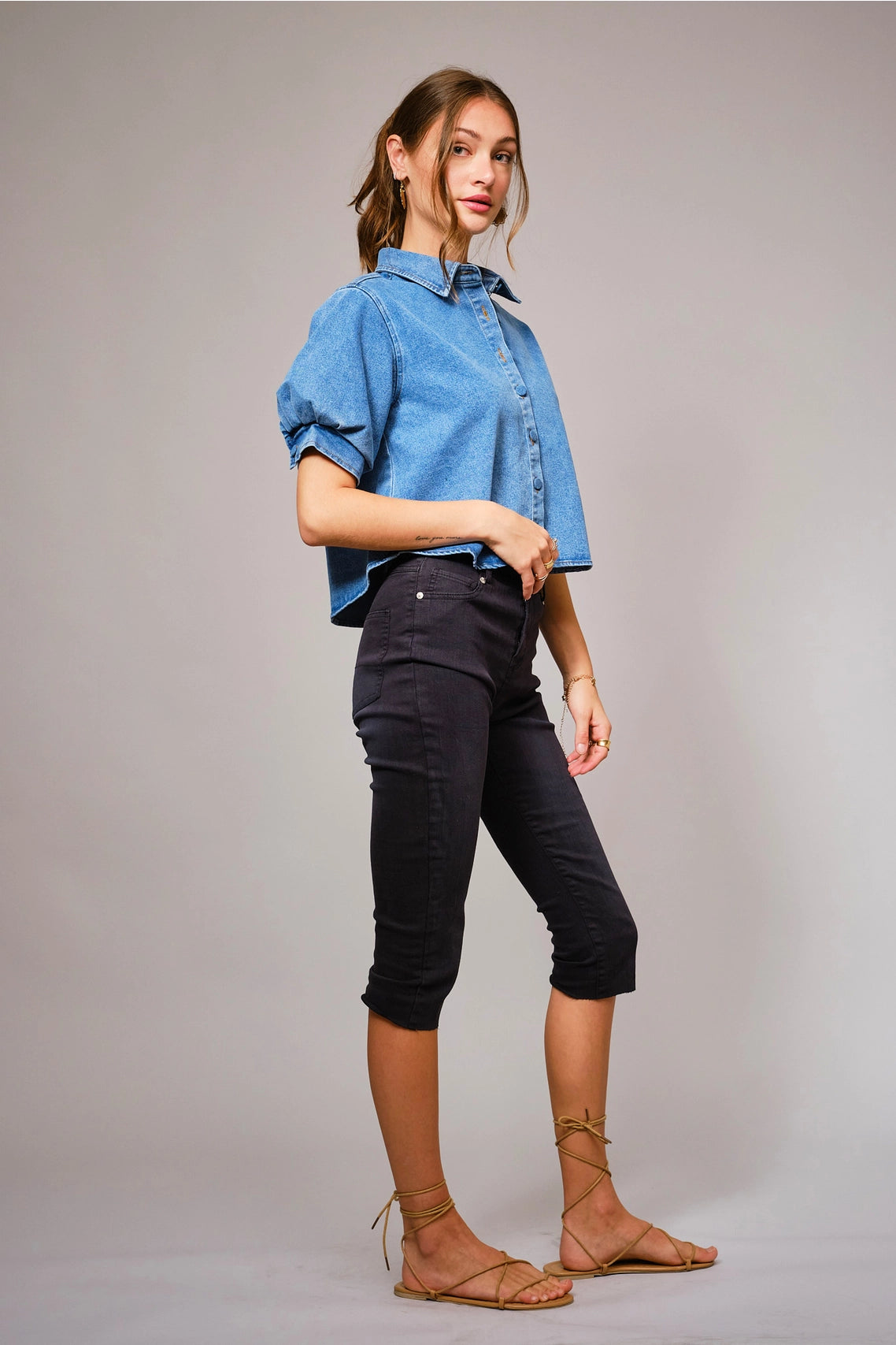 Puff Short Sleeve Button Down Denim Shirt