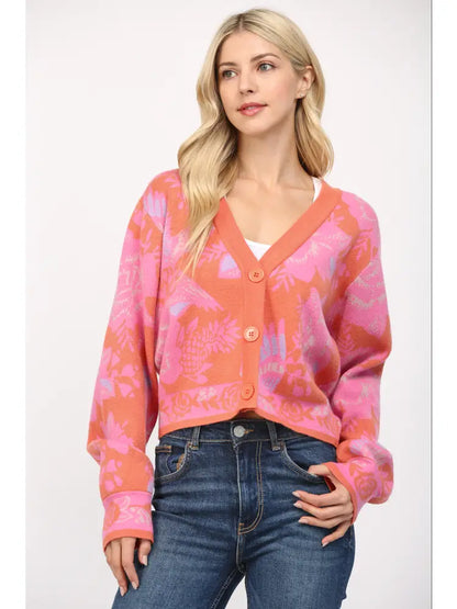 Floral Pattern Button Closure Crop Cardigan