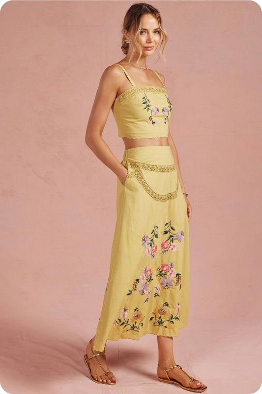 Embroidered Floral Lace Skirt Set in Yellow