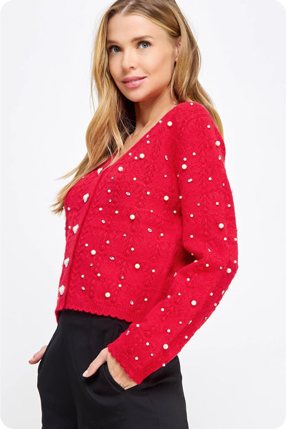 Pearl & Rhinestone Knit Cardigan