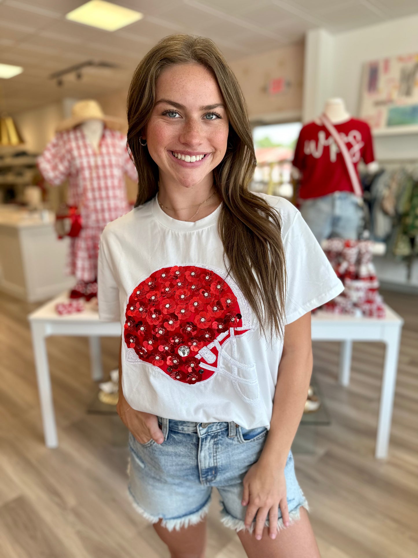 Red and White Flower Helmet Tee