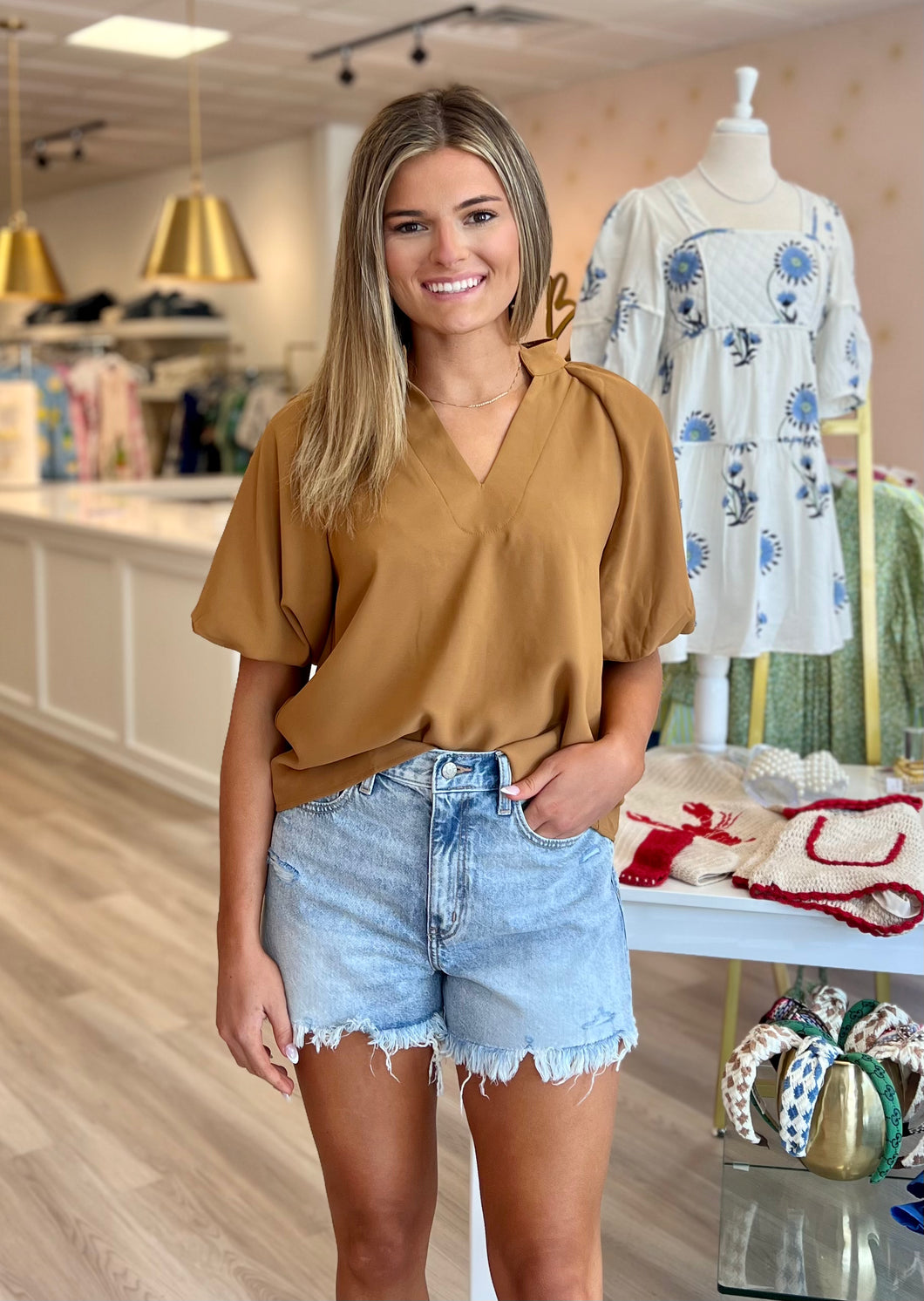 Puff Sleeve V-Neck Top in Mocha