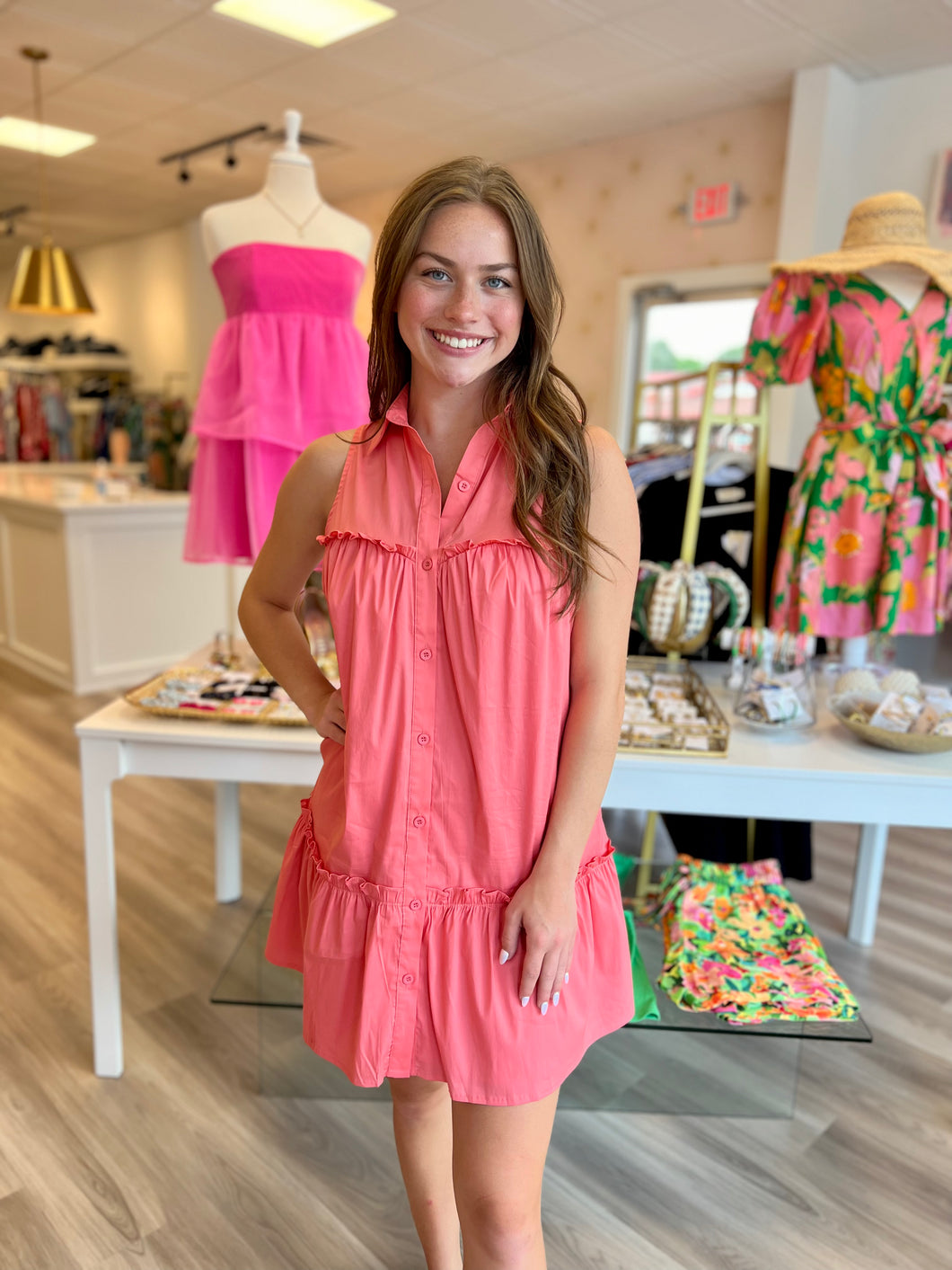 Sleeveless Drop Hem Dress in Coral