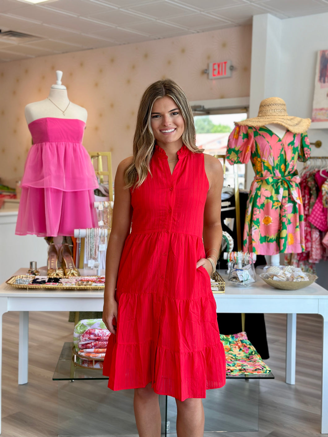 Red Button Front Tiered Dress