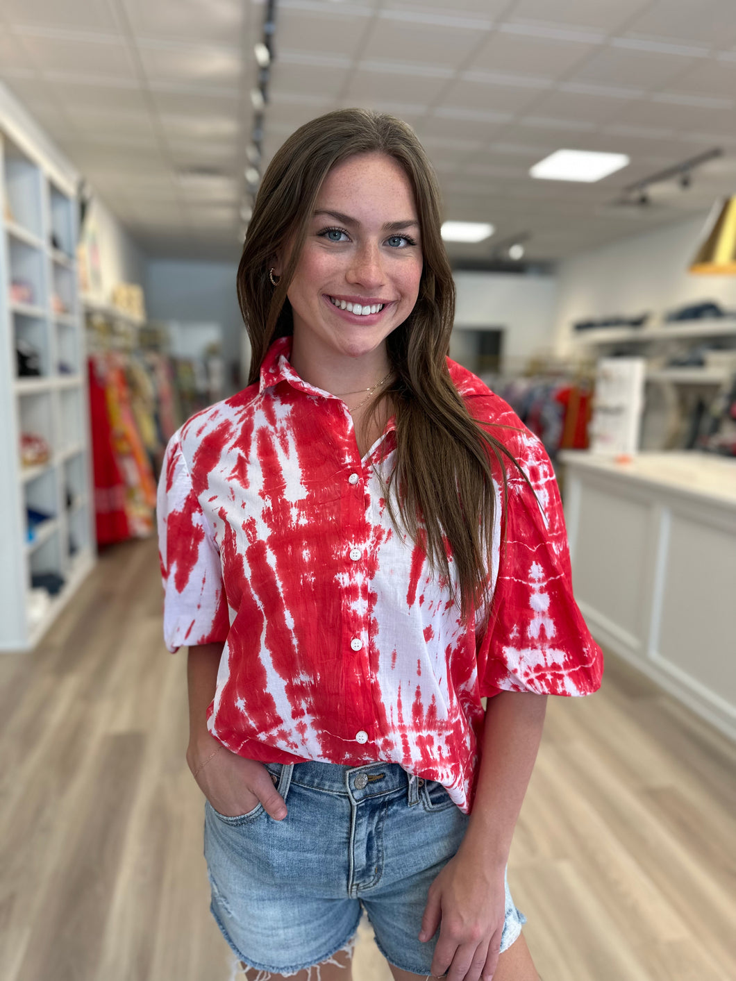 Puff Sleeve Button Up in Red/White