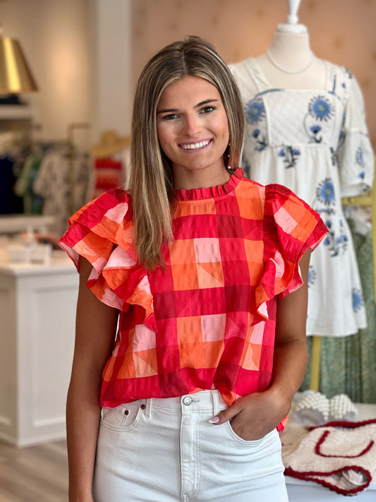 Flutter Sleeve Checkered Top