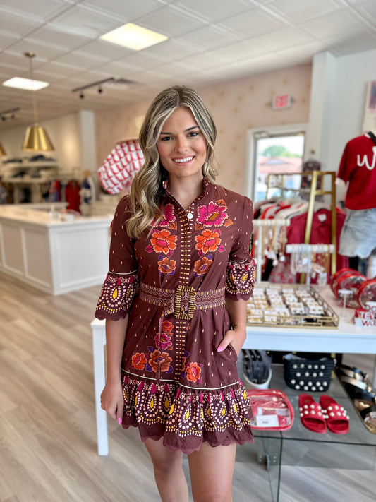 Bright Flora Brown Short Sleeve Mini Dress