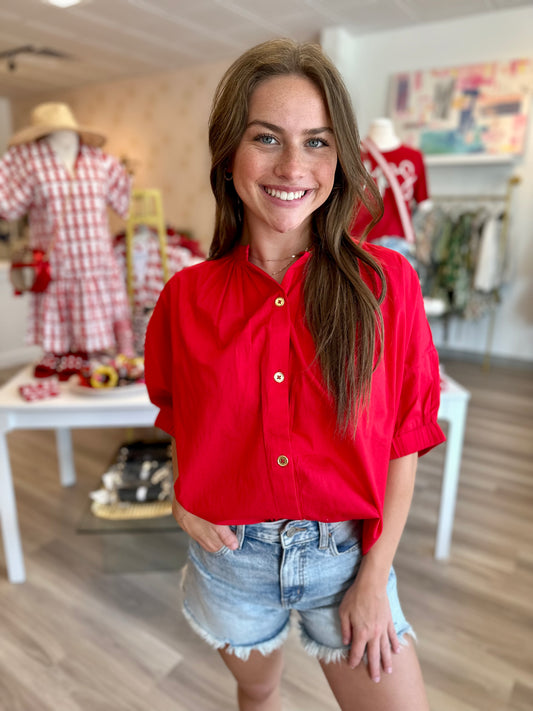 Elastic Sleeve Top in Red