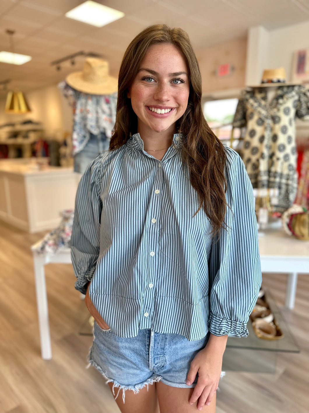 Elastic Collar Top in Blue Stripe