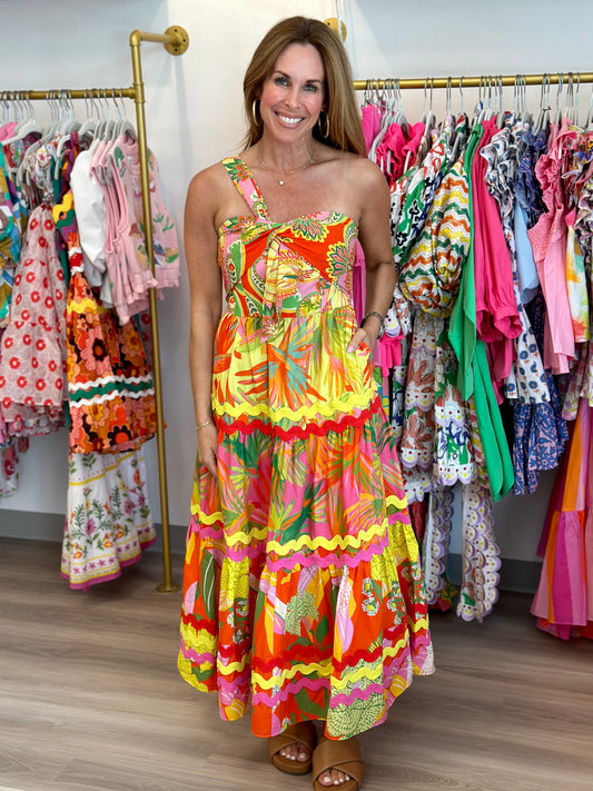 Mixed Red and Lime Prints Maxi Dress