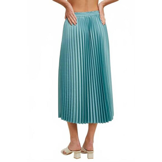 Satin Pleated Midi Skirt in Coastal