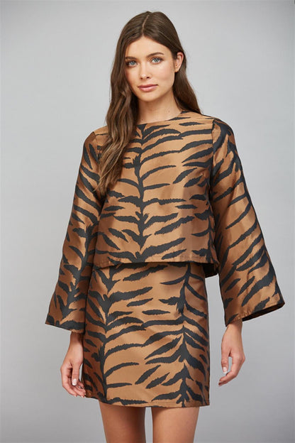 Tiger Print Flared Long Sleeve Top