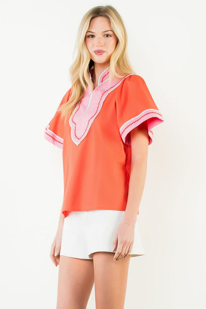 Contrast Trim Wide Sleeve V-Neck Top