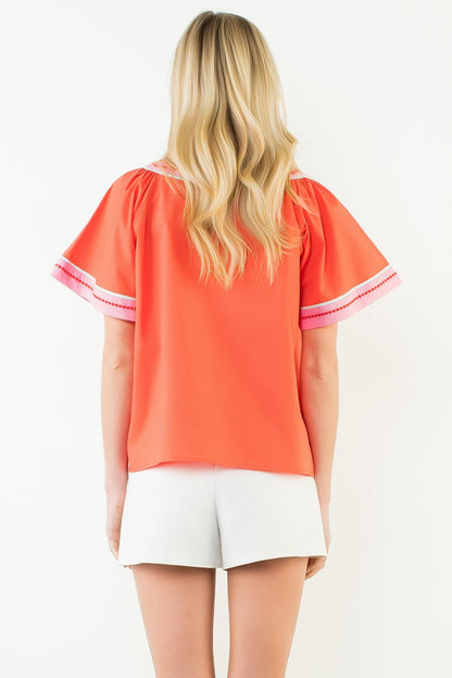 Contrast Trim Wide Sleeve V-Neck Top