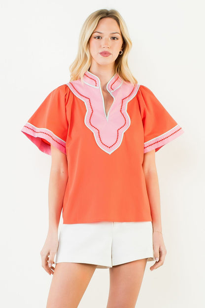 Contrast Trim Wide Sleeve V-Neck Top